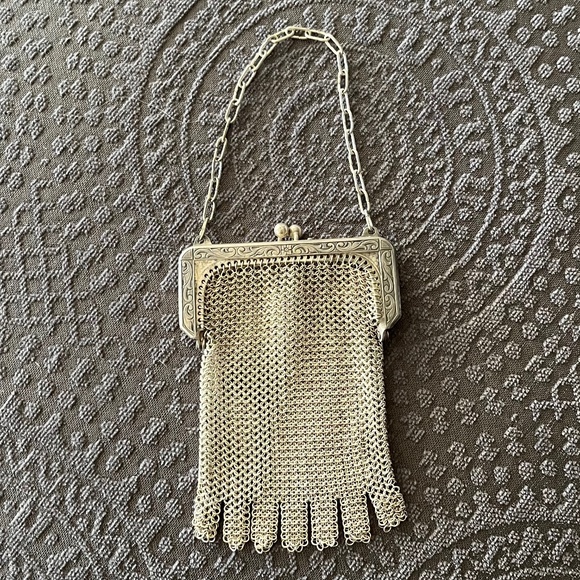 1920'S WHITING & DAVIS ART DECO VINTAGE SILVER STEEL MESH PURSE - Picture 1 of 11